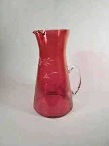 Vintage Cranberry Glass Pitcher Etched Floral Clear Handle 10" MCM Bohemian - Picture 1 of 10