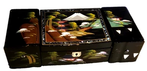 Mid Century Asiatische Schmuckschatulle Spieluhr EBR Aufziehmusik Handbemalt Holz. - Bild 1 von 24