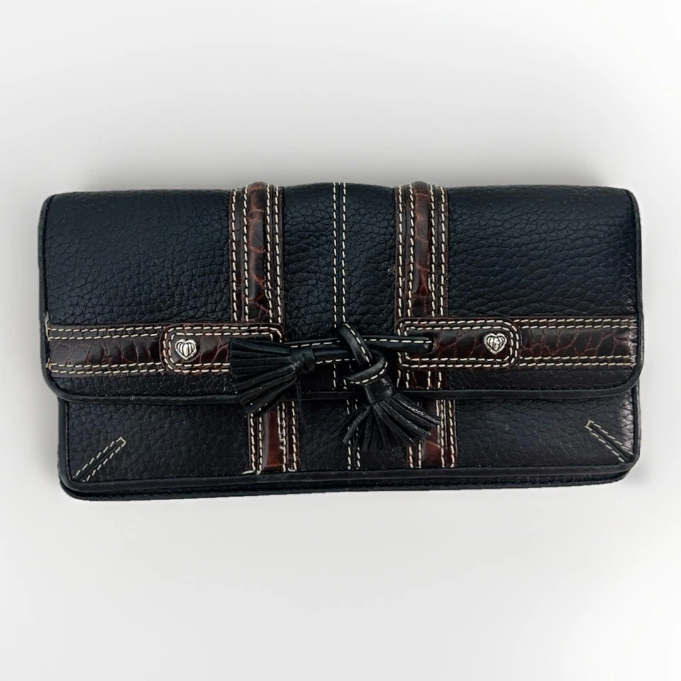 Brighton Brown & Black Pebbled Leather Wallet Card Wallet Rope Bow Trifold - Image 1 of 4