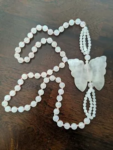Vintage Rose Quartz Butterfly Beaded Necklace - Picture 1 of 5
