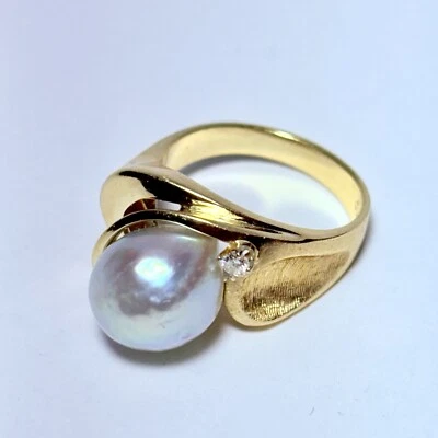 14K Yellow Gold 10mm Silver Baroque Pearl 0.03ct Diamond Size 6.75 Ring 7.9g - Image 1 of 4