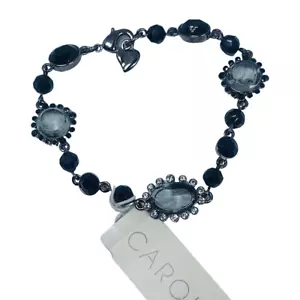 VTG CAROLEE Black Crystal Flower Bracelet 7" Gunmetal Trendy Cottagecore - Picture 1 of 10