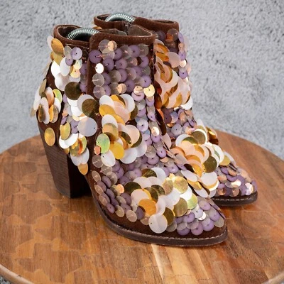 BOTAS DE FESTIVAL FREE PEOPLE LANTEJOULAS ROXAS BOOTIES Boho DISCO RaRe! 37 EUA 7 - Imagem 1 de 4