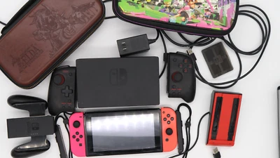 Nintendo Switch Console Bundle HAC-001 Red/Pink Neon JoyCons - Fair with Extras - Image 1 of 4