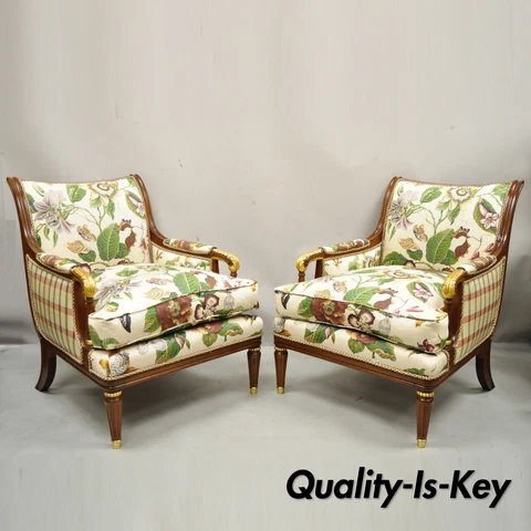 French Regency Style Floral Print Mahogany Frame Club Lounge Chairs - a Pair Cover