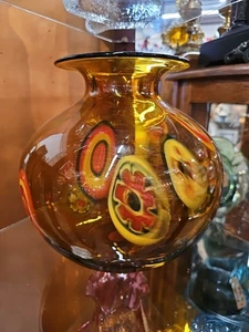 Vtg Millefiori Murano Art Glass Vase Amber Color- heavy 21oz- A17 - Picture 1 of 11