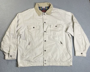 Vintage 90s Oxbow Grant Heavy Denim Jacket Plaid Lined Button Front Mens XL Tan - Bild 1 von 24