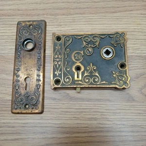 Orig 1880’s Chicago Copper Plated Cast Iron Residential Surface Door Plate lock - Picture 1 of 16