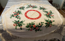 Vintage Round  MCM red green gold Christmas Tablecloth with fringe VG condition