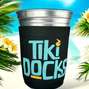 Tiki Docks Mosaic/Collage Beer Drink Can Cooler Koozie Black New Coozie - Picture 1 of 3