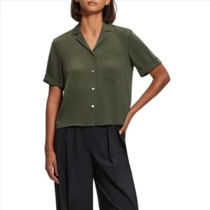 Theory Silk Button Front Camp Shirt Women's P Dark Olive Pocket Short Sleeve - Picture 1 of 15