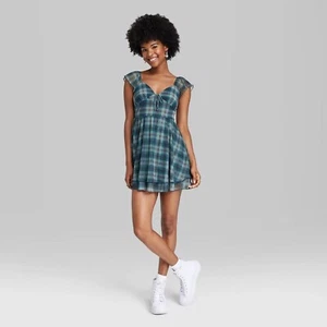 Womens Flutter Short Sleeve Flare Mini Skater Dress, Wild Fable Blue Plaid Small - Picture 1 of 3