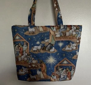 Handmade Christmas Nativity Scene Wisemen Blue Background Tote Bag Purse - Picture 1 of 1