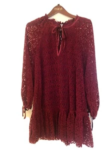 FREE PEOPLE burgundy Crohchet Trapeze Swing Front Tie Dress UK S - Picture 1 of 12