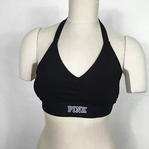 Victoria's Secret Pink Ultimate Unlined Sports Bra Large Solid Black Halter Neck - Picture 1 of 9