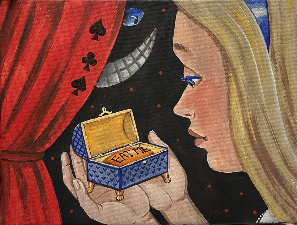 PINTURA ORIGINAL Ryta Alice no País das Maravilhas Ilustração Arte Folclórica Gato de Cheshire ❤️ - Imagem 1 de 1