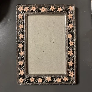 Silver 5x7 Glass Picture Frame w/pink Gems and Pink Flowers - Picture 1 of 9