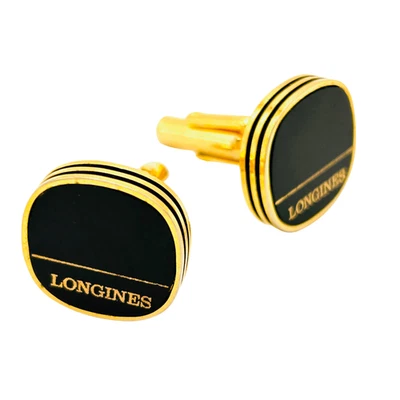Longines Cufflinks Gold Tone Black Enamel Logo Design Luxury Men's Accessory - Image 1 of 4
