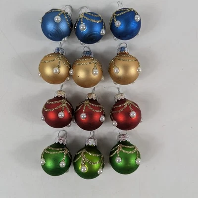 Set of 12 Glass Mini Christmas Ornaments 1″ Glitter Pearl Drop Balls - Image 1 of 4