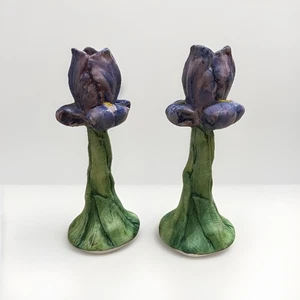 Vintage Set Of 2 Made In Italy Ceramic Iris Candles Holders Handpainted 9” Tall - Picture 1 of 12