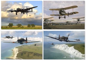 4er SET LUFTFAHRT KUNST GRUSS GEBURTSTAGSKARTEN MINIDRUCK ACE SPITFIRE HURRICANE - Bild 1 von 1