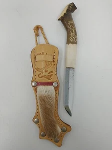 Vintage Finnish Puukko Nordic Reindeer Antler Handle Sami Knife & Fur Sheath - Picture 1 of 19