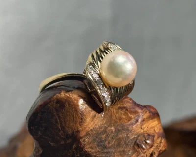 Anillo de perlas de oro amarillo de 14K 3,36 g joyería fina talla 8,25 banda Foto 1 de 4