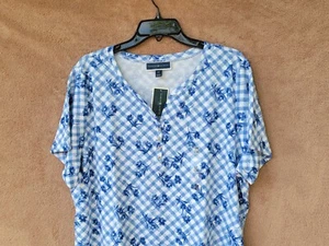 *NEW* Karen Scott Blue Floral Plaid Print Top Henley Neck Short Sleeve - NWT - Picture 1 of 24