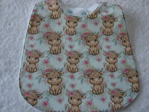 Highland Cows Green Baby Bib Cotton Front Towelling Back Handmade - Picture 1 of 2
