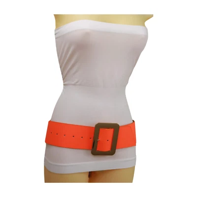 Cinturón de mujer ancho estilo vanguardista naranja neón imitación cuero dorado hebilla cuadrada talla S M Foto 1 de 4