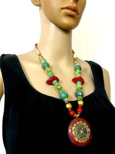N7628 Tribal Ethnic Resin Nuggets Gypsy Pendant Collar Handmade Necklace Jewelry - Picture 1 of 14