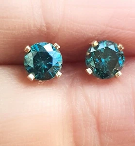 0.4ct Natural Blue Diamond 14K Yellow Solid Gold Stud Earrings Push Back Wedding - Picture 1 of 5