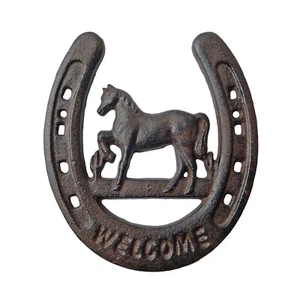 Rustic Cast Iron Lucky Horseshoe Horse Welcome Wall Decor Sign 7.25 x 6.5 inch - Picture 1 of 3