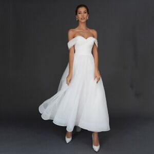 Ankle length wedding dress,Off shoulder bridal  dress,Civil wedding dress