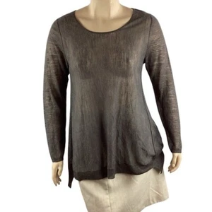 Eileen Fisher Gray Semi-Sheer Tencel Linen Scoop Neck Long Sleeve Top L - Picture 1 of 7