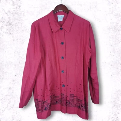 Coldwater Creek Linen Shirt Jacket Size L Red Embroidered Cityscape Button Up - Image 1 of 4