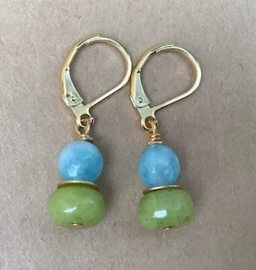 Natural Peridot Aquamarine 24k gold plated Sundance Charm Artisan Earrings - Picture 1 of 6