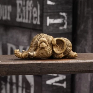 Vintage Crouch Lucky Elephant Bronze  Figurine, Tabletop Shelf Elephant Decor - Picture 1 of 10