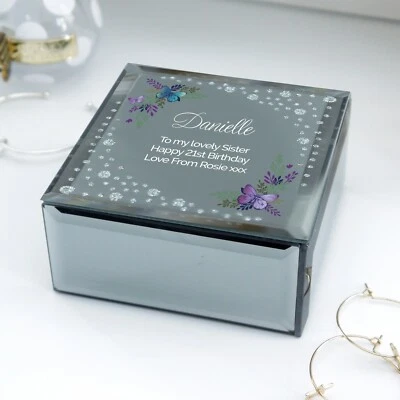 Personalised Any Message Floral Butterfly Diamante Glass Trinket Box Sister Mum - Image 1 of 4