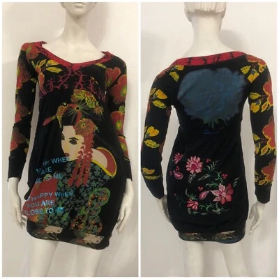 DESIGUAL Vestito abito nero rosso fantasia colorata Tg XS - Immagine 1 di 4