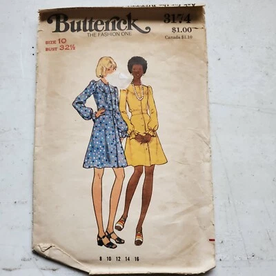 Vtg Butterick Pattern 3174 Short Dress Button-Up Round Yoke Misses 10 CUT 70s - Image 1 of 4