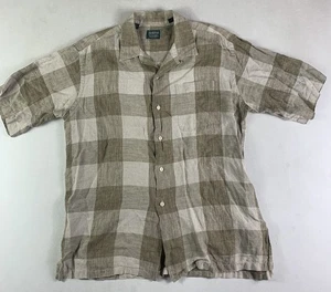 vtg Gitman Bros Shirt Mens Large Linen Nordstrom Camp Beige Check Short sleeve - Picture 1 of 8