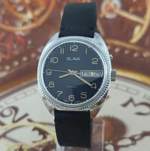 WATCH USSR SLAVA 2428 Black Dial Vintage SOVIET Wristwatch 26 Jewels Day/Date - Picture 1 of 20
