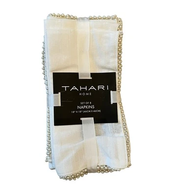 TAHARI White Cotton Dinner Napkins 18x18 Set of 8 Faux Pearl Trim Holiday Glam - Image 1 of 4