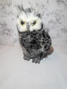 Realistic Aurora Great Horned Owl Plush Toy Yellow Eyes Fluffy Faux Fur Gray 9" - Picture 1 of 8