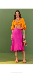 Farm Rio Pink Tied Bias Cut Tassel Beaded Hit Pink Viscose Midi Skirt Xs - Picture 1 of 13