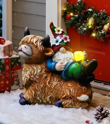 Pohabery Christmas Garden Gnomes Statues Sitting On Highland Cow, Hold Solar ... - Image 1 of 4