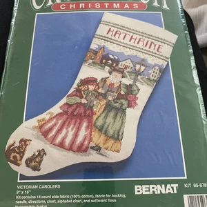 Vtg Bernat Cross Stitch Christmas Stocking Kit Victorian Carolers 9x16” Dogs New - Picture 1 of 2