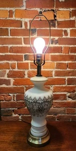 Vintage White Milk Glass Lamp with Brass Base – Ornate Gold Floral Pattern - Picture 1 of 14