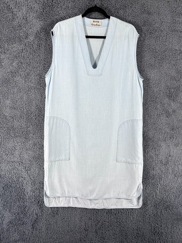 Abito Acne Studios Shift taglia 12 blu chiaro sopra il ginocchio scollo a V tasche oversize